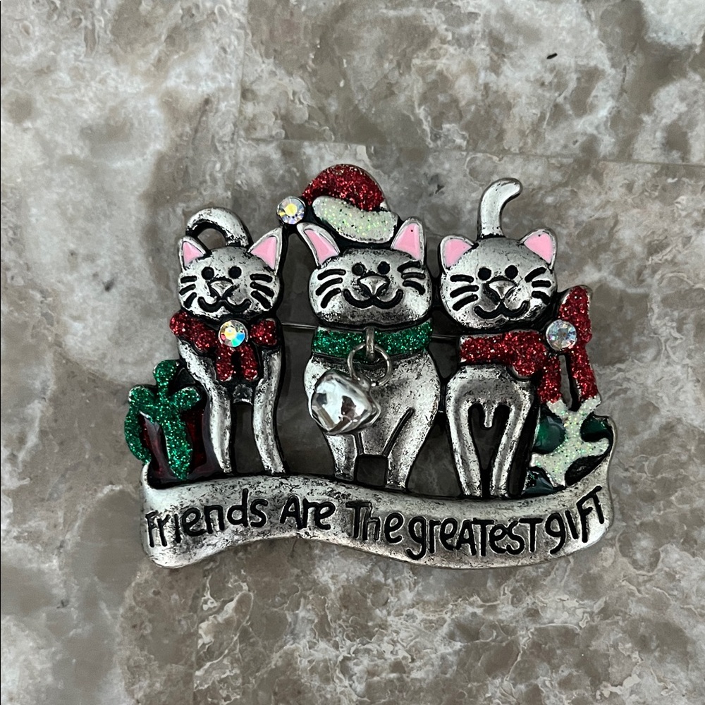 Festive Christmas Cat Brooch pin with Glitter Accents
